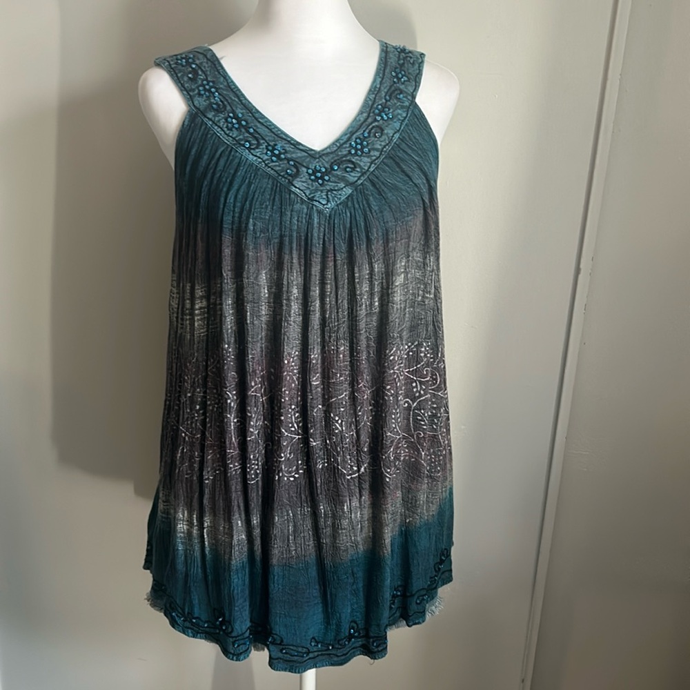 Just Cruising Bohemian Ombré Floral Embroidered Trim Stone Wash Style Tank Top